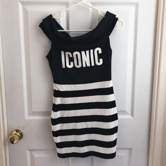 never worn, ICONIC off-the-shoulder horizontally-striped bodycon mini dress - Picture 4 of 4